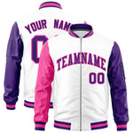 Custom White Pink Purple Varsity Full-Zip Raglan Sleeves Letterman Bomber Jacket | BuyFootballJersey