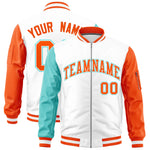 Custom White Bright Green Orange Varsity Full-Zip Raglan Sleeves Letterman Bomber Jacket | BuyFootballJersey