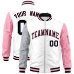Custom White Silver Light Pink Varsity Full-Zip Raglan Sleeves Letterman Bomber Jacket | BuyFootballJersey