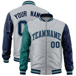 Custom Silver Aqua Navy Varsity Full-Zip Raglan Sleeves Letterman Bomber Jacket | BuyFootballJersey
