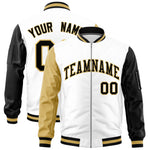 Custom White Old Gold Black Varsity Full-Zip Raglan Sleeves Letterman Bomber Jacket | BuyFootballJersey