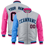 Custom Silver Powder Blue Pink Varsity Full-Zip Raglan Sleeves Letterman Bomber Jacket | BuyFootballJersey