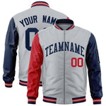 Custom Silver Red Navy Varsity Full-Zip Raglan Sleeves Letterman Bomber Jacket | BuyFootballJersey
