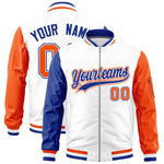 Custom White Royal Orange Varsity Full-Zip Raglan Sleeves Letterman Bomber Jacket | BuyFootballJersey