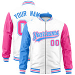 Custom White Powder Blue Pink Varsity Full-Zip Raglan Sleeves Letterman Bomber Jacket | BuyFootballJersey