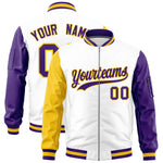 Custom White Gold Purple Varsity Full-Zip Raglan Sleeves Letterman Bomber Jacket | BuyFootballJersey