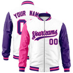 Custom White Pink Purple Varsity Full-Zip Raglan Sleeves Letterman Bomber Jacket | BuyFootballJersey