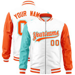 Custom White Bright Green Orange Varsity Full-Zip Raglan Sleeves Letterman Bomber Jacket | BuyFootballJersey