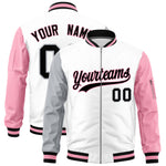 Custom White Silver Light Pink Varsity Full-Zip Raglan Sleeves Letterman Bomber Jacket | BuyFootballJersey