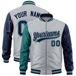 Custom Silver Aqua Navy Varsity Full-Zip Raglan Sleeves Letterman Bomber Jacket | BuyFootballJersey