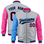 Custom Silver Powder Blue Pink Varsity Full-Zip Raglan Sleeves Letterman Bomber Jacket | BuyFootballJersey