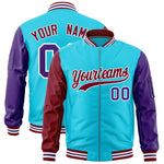 Custom Sky Blue Crimson Purple Varsity Full-Zip Raglan Sleeves Letterman Bomber Jacket | BuyFootballJersey