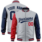 Custom Silver Red Navy Varsity Full-Zip Raglan Sleeves Letterman Bomber Jacket | BuyFootballJersey