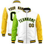 Custom White Neon Green Gold Varsity Full-Zip Raglan Sleeves Letterman Bomber Jacket | BuyFootballJersey