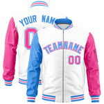 Custom White Powder Blue Pink Varsity Full-Zip Raglan Sleeves Letterman Bomber Jacket | BuyFootballJersey