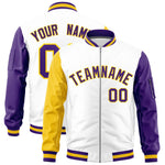 Custom White Gold Purple Varsity Full-Zip Raglan Sleeves Letterman Bomber Jacket | BuyFootballJersey