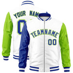 Custom White Royal Neon Green Varsity Full-Zip Raglan Sleeves Letterman Bomber Jacket | BuyFootballJersey