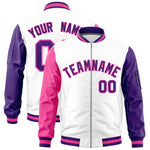 Custom White Pink Purple Varsity Full-Zip Raglan Sleeves Letterman Bomber Jacket | BuyFootballJersey