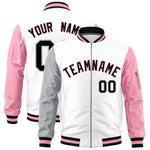 Custom White Silver Light Pink Varsity Full-Zip Raglan Sleeves Letterman Bomber Jacket | BuyFootballJersey