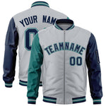 Custom Silver Aqua Navy Varsity Full-Zip Raglan Sleeves Letterman Bomber Jacket | BuyFootballJersey