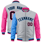 Custom Silver Powder Blue Pink Varsity Full-Zip Raglan Sleeves Letterman Bomber Jacket | BuyFootballJersey