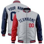 Custom Silver Red Navy Varsity Full-Zip Raglan Sleeves Letterman Bomber Jacket | BuyFootballJersey