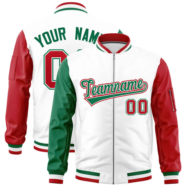 Custom White Kelly Green Red Varsity Full-Zip Raglan Sleeves Letterman Bomber Jacket | BuyFootballJersey