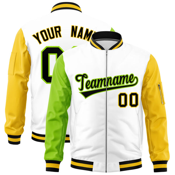 Custom White Neon Green Gold Varsity Full-Zip Raglan Sleeves Letterman Bomber Jacket | BuyFootballJersey