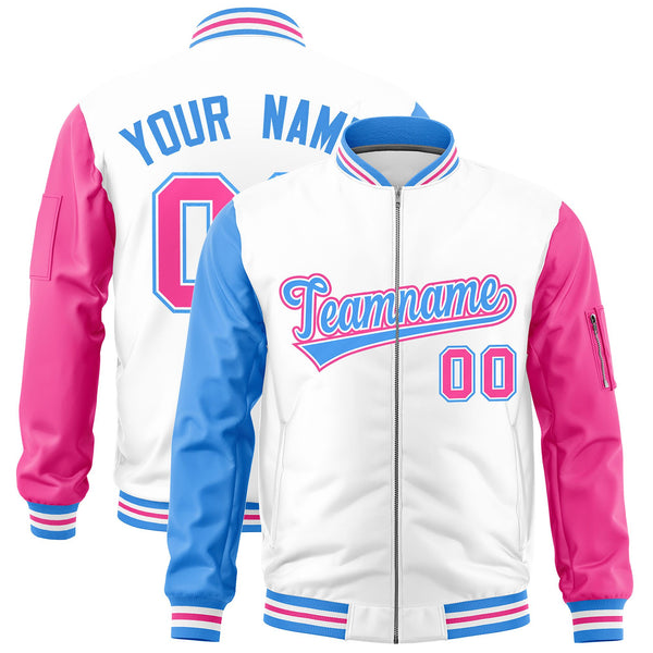 Custom White Powder Blue Pink Varsity Full-Zip Raglan Sleeves Letterman Bomber Jacket | BuyFootballJersey