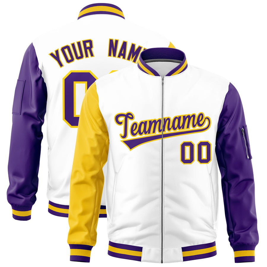 Custom White Gold Purple Varsity Full-Zip Raglan Sleeves Letterman Bomber Jacket | BuyFootballJersey