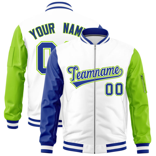 Custom White Royal Neon Green Varsity Full-Zip Raglan Sleeves Letterman Bomber Jacket | BuyFootballJersey