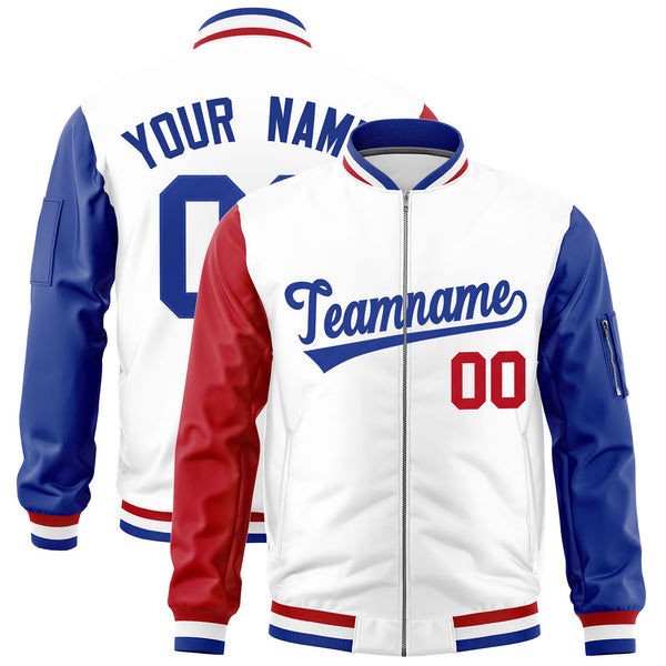 Custom White Red Royal Varsity Full-Zip Raglan Sleeves Letterman Bomber Jacket | BuyFootballJersey