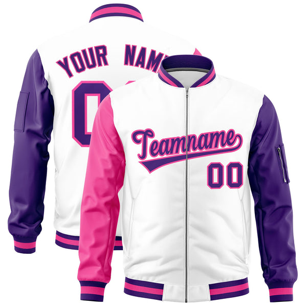 Custom White Pink Purple Varsity Full-Zip Raglan Sleeves Letterman Bomber Jacket | BuyFootballJersey