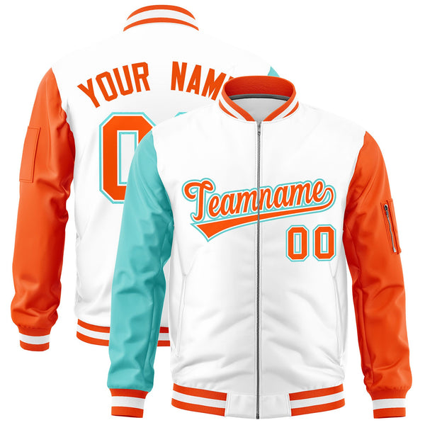 Custom White Bright Green Orange Varsity Full-Zip Raglan Sleeves Letterman Bomber Jacket | BuyFootballJersey