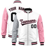 Custom White Silver Light Pink Varsity Full-Zip Raglan Sleeves Letterman Bomber Jacket | BuyFootballJersey