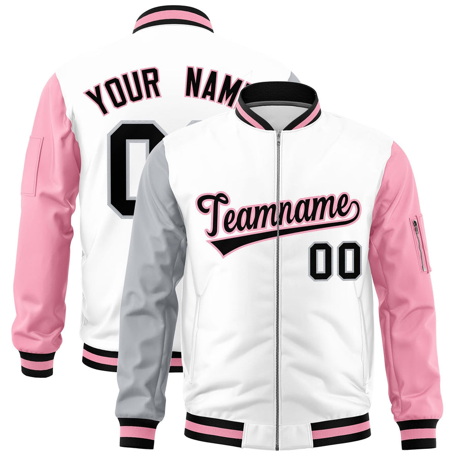 Custom White Silver Light Pink Varsity Full-Zip Raglan Sleeves Letterman Bomber Jacket | BuyFootballJersey