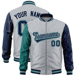 Custom Silver Aqua Navy Varsity Full-Zip Raglan Sleeves Letterman Bomber Jacket | BuyFootballJersey