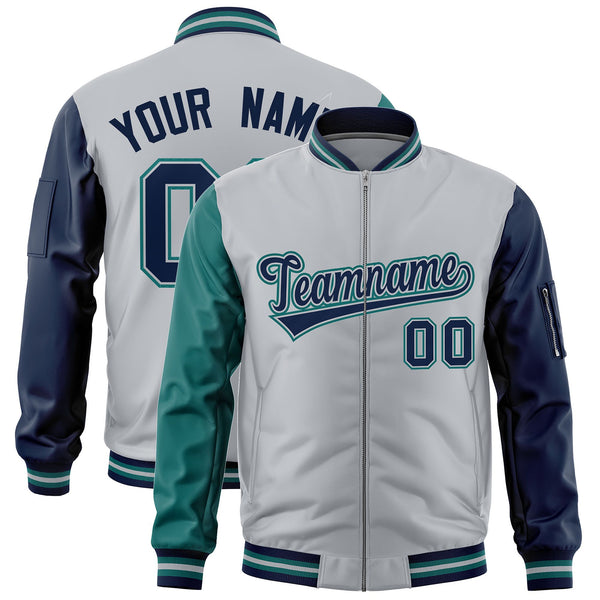 Custom Silver Aqua Navy Varsity Full-Zip Raglan Sleeves Letterman Bomber Jacket | BuyFootballJersey