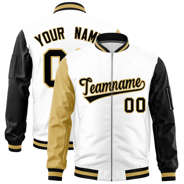 Custom White Old Gold Black Varsity Full-Zip Raglan Sleeves Letterman Bomber Jacket | BuyFootballJersey