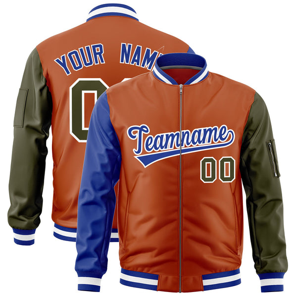 Custom Texas Orange Royal Olive Varsity Full-Zip Raglan Sleeves Letterman Bomber Jacket | BuyFootballJersey