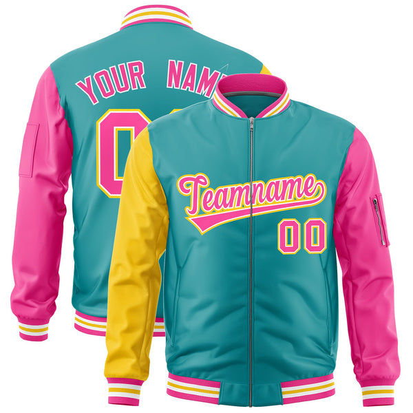 Custom Aqua Gold Pink Varsity Full-Zip Raglan Sleeves Letterman Bomber Jacket | BuyFootballJersey