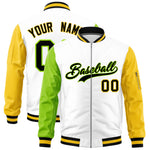 Custom White Neon Green Gold Varsity Full-Zip Raglan Sleeves Letterman Bomber Jacket | BuyFootballJersey