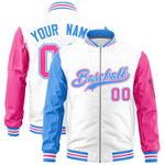 Custom White Powder Blue Pink Varsity Full-Zip Raglan Sleeves Letterman Bomber Jacket | BuyFootballJersey