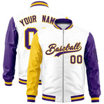Custom White Gold Purple Varsity Full-Zip Raglan Sleeves Letterman Bomber Jacket | BuyFootballJersey