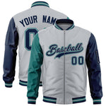 Custom Silver Aqua Navy Varsity Full-Zip Raglan Sleeves Letterman Bomber Jacket | BuyFootballJersey