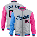 Custom Silver Powder Blue Pink Varsity Full-Zip Raglan Sleeves Letterman Bomber Jacket | BuyFootballJersey