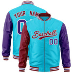 Custom Sky Blue Crimson Purple Varsity Full-Zip Raglan Sleeves Letterman Bomber Jacket | BuyFootballJersey