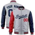 Custom Silver Red Navy Varsity Full-Zip Raglan Sleeves Letterman Bomber Jacket | BuyFootballJersey