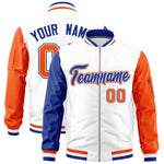 Custom White Royal Orange Varsity Full-Zip Raglan Sleeves Letterman Bomber Jacket | BuyFootballJersey