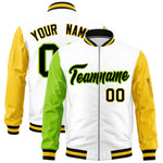 Custom White Neon Green Gold Varsity Full-Zip Raglan Sleeves Letterman Bomber Jacket | BuyFootballJersey